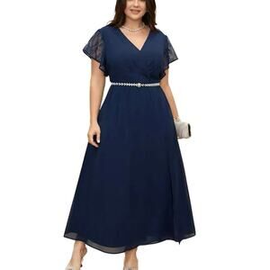 Rare 1X 14 16 Plus Size Blue Lace Flutter Sleeve Mesh Maxi Dress BloomChic